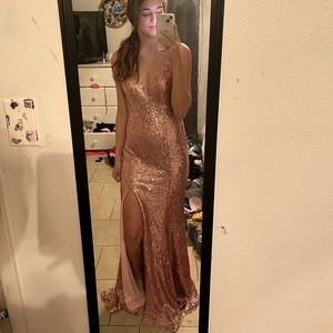 rose gold sparkly sequin prom dress with detachable cape